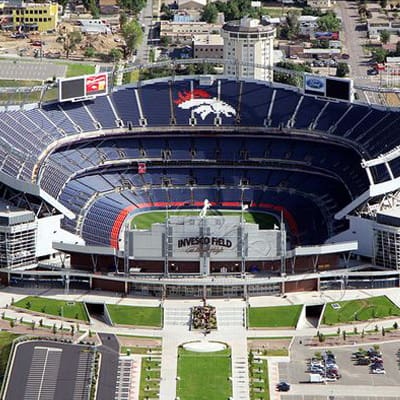 An aerial view of a stadium with many people in it.